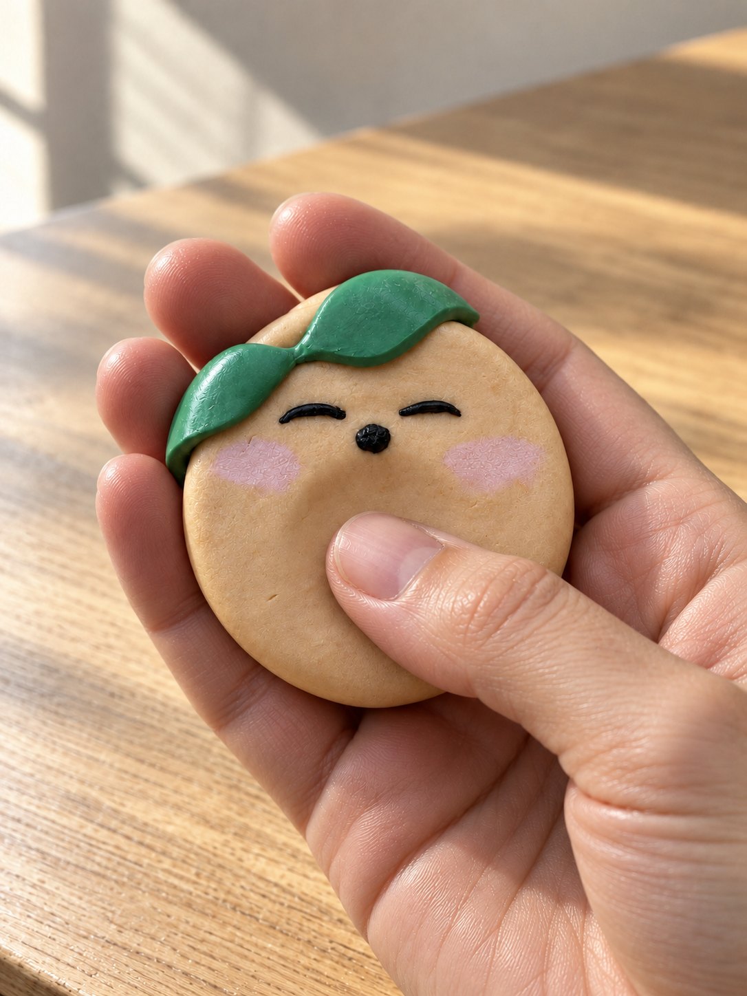 A hand holding a polymer clay worry stone, thumb resting in its dip: a round, peach-coloured face with sleepy eyes, rosy cheeks and a green leaf headband